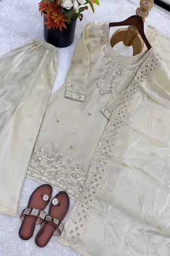 Cream gmy choo silk embroidered sharara set