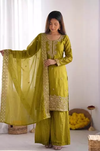 Olive gmy choo silk embroidered sharara set