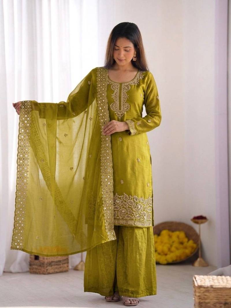 Olive gmy choo silk embroidered sharara set
