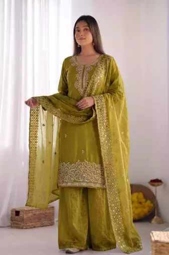 Olive gmy choo silk embroidered sharara set