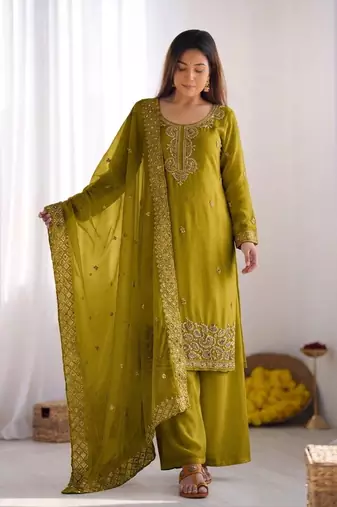 Olive gmy choo silk embroidered sharara set