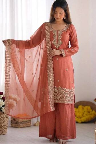 Pink gmy choo silk embroidered sharara set