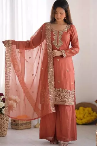 Pink gmy choo silk embroidered sharara set
