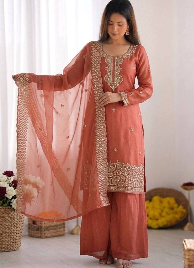 Pink gmy choo silk embroidered sharara set