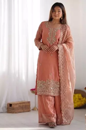 Pink gmy choo silk embroidered sharara set