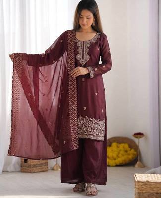 Wine gmy choo silk embroidered sharara set 1