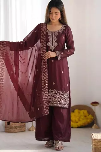 Wine gmy choo silk embroidered sharara set