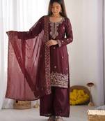 Wine gmy choo silk embroidered sharara set