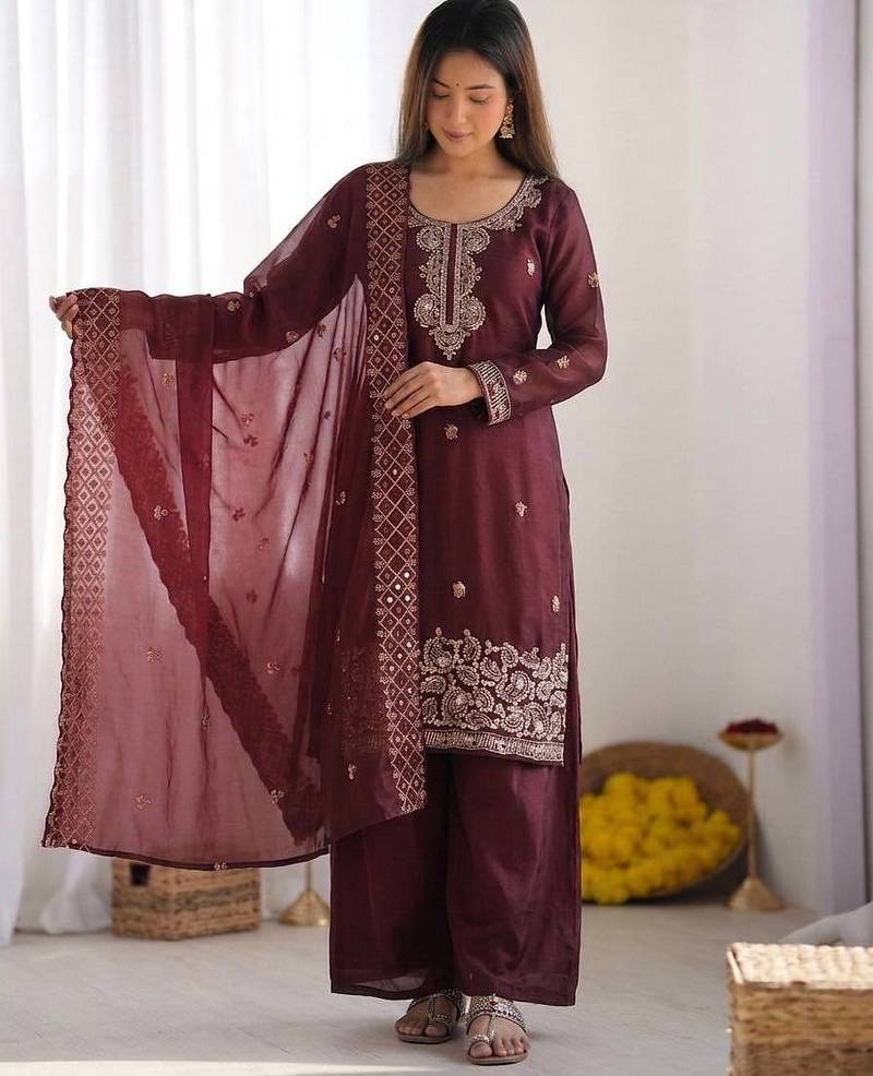 Wine gmy choo silk embroidered sharara set