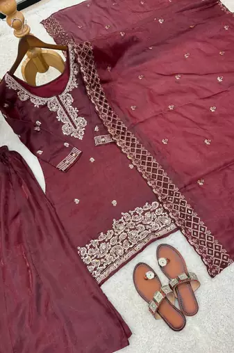Wine gmy choo silk embroidered sharara set