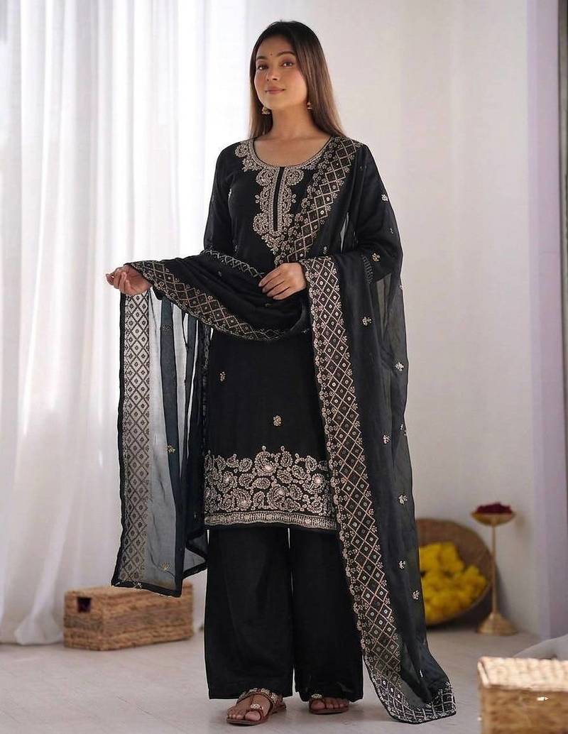 Black gmy choo silk embroidered sharara set