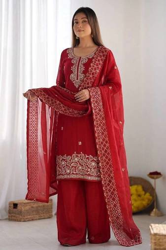 Red gmy choo silk embroidered sharara set