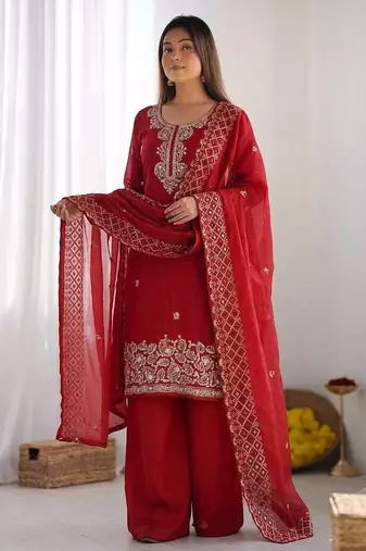 Red gmy choo silk embroidered sharara set