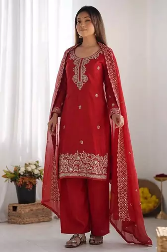 Red gmy choo silk embroidered sharara set
