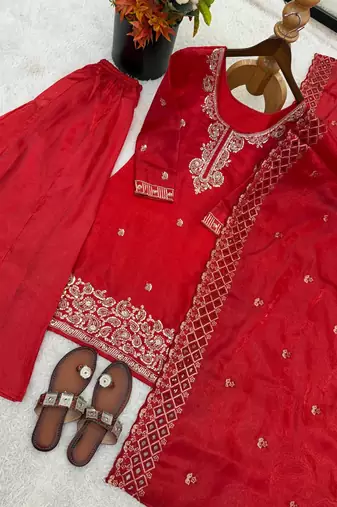 Red gmy choo silk embroidered sharara set