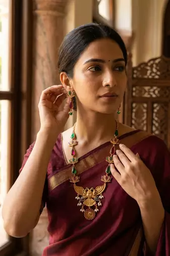 Statement gold plated gandaberunda & lotus long necklace set with pink stones