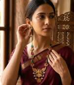 Statement gold plated gandaberunda & lotus long necklace set with pink stones