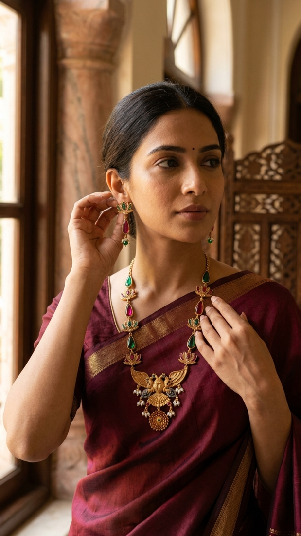 Statement gold plated gandaberunda & lotus long necklace set with pink stones