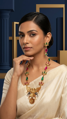 Statement gold plated gandaberunda & lotus long necklace set with pink stones 2