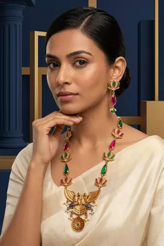 Statement gold plated gandaberunda & lotus long necklace set with pink stones