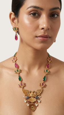 Statement gold plated gandaberunda & lotus long necklace set with pink stones 3