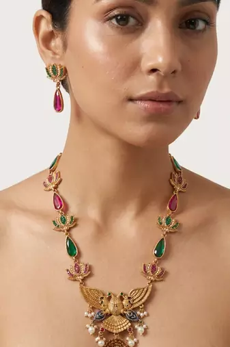 Statement gold plated gandaberunda & lotus long necklace set with pink stones