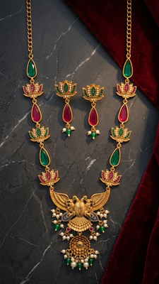 Statement gold plated gandaberunda & lotus long necklace set with pink stones 4