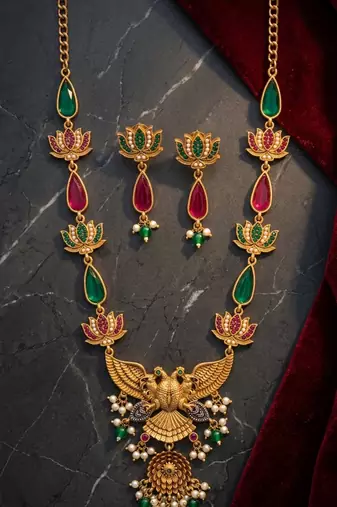 Statement gold plated gandaberunda & lotus long necklace set with pink stones