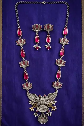 Statement oxidized silver gandaberunda & lotus long necklace set with pink stones