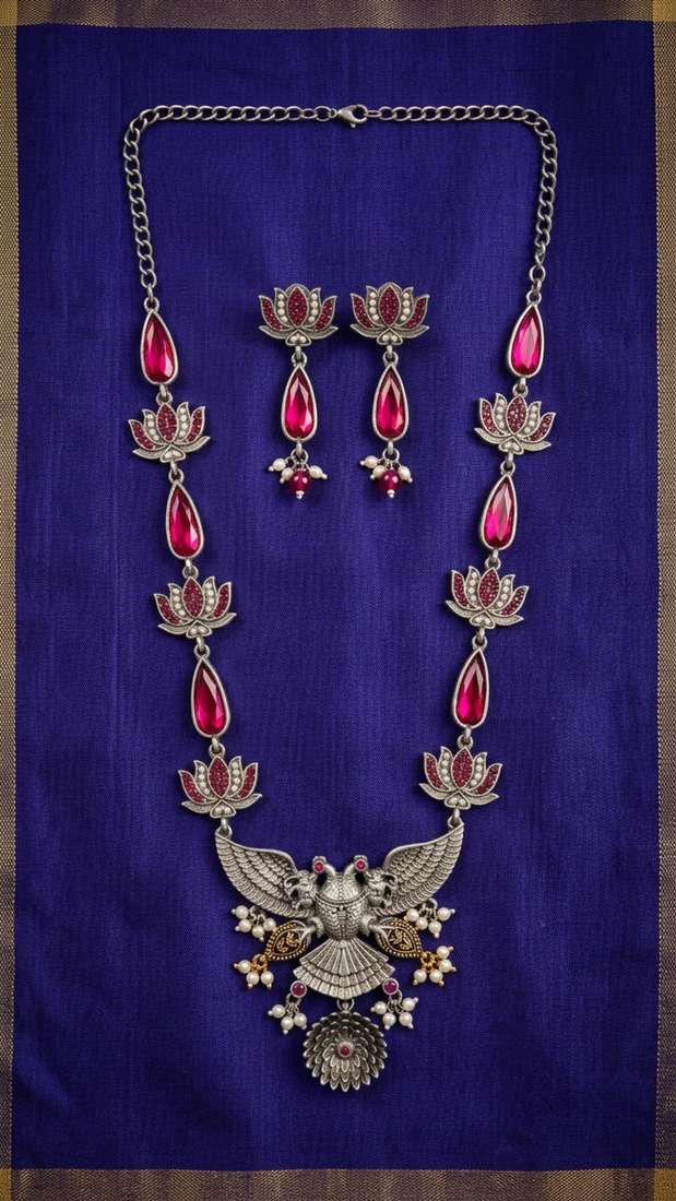 Statement oxidized silver gandaberunda & lotus long necklace set with pink stones