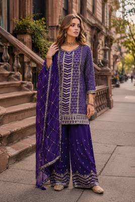 Purple heavy embroidered kurta palazzo set with dupatta 1