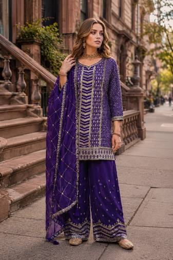 Purple heavy embroidered  kurta palazzo set with dupatta