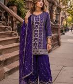 Purple heavy embroidered kurta palazzo set with dupatta