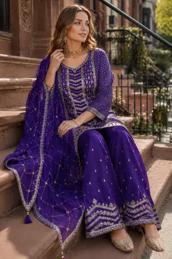 Purple heavy embroidered kurta palazzo set with dupatta
