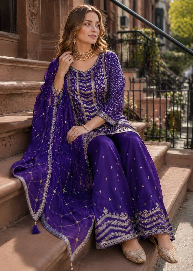 Purple heavy embroidered kurta palazzo set with dupatta
