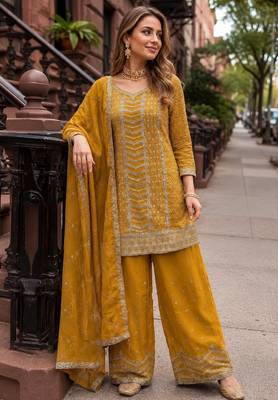 Yellow heavy embroidered kurta palazzo set with dupatta 1