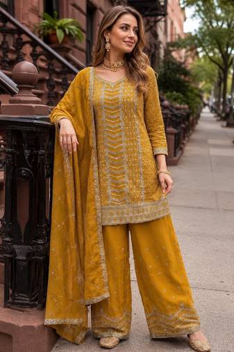 Yellow heavy embroidered  kurta palazzo set with dupatta