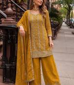 Yellow heavy embroidered kurta palazzo set with dupatta