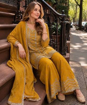 Yellow heavy embroidered kurta palazzo set with dupatta 2