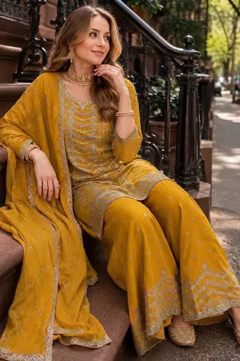 Yellow heavy embroidered kurta palazzo set with dupatta