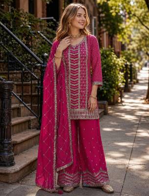 Rani pink embroidered kurta palazzo set with dupatta 1