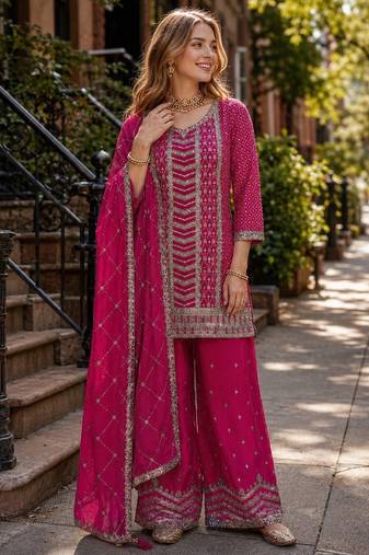 Rani pink embroidered  kurta palazzo set with dupatta