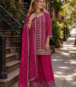 Rani pink embroidered kurta palazzo set with dupatta