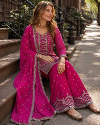 Rani pink embroidered kurta palazzo set with dupatta 2