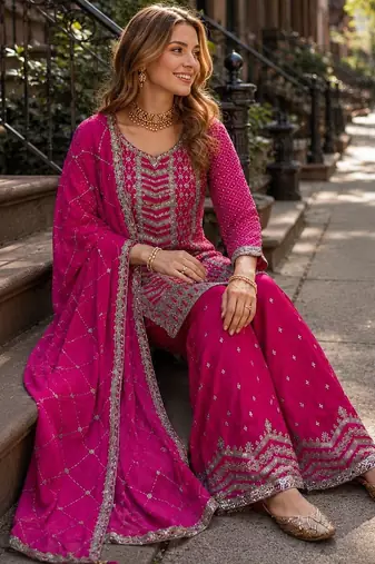 Rani pink embroidered kurta palazzo set with dupatta