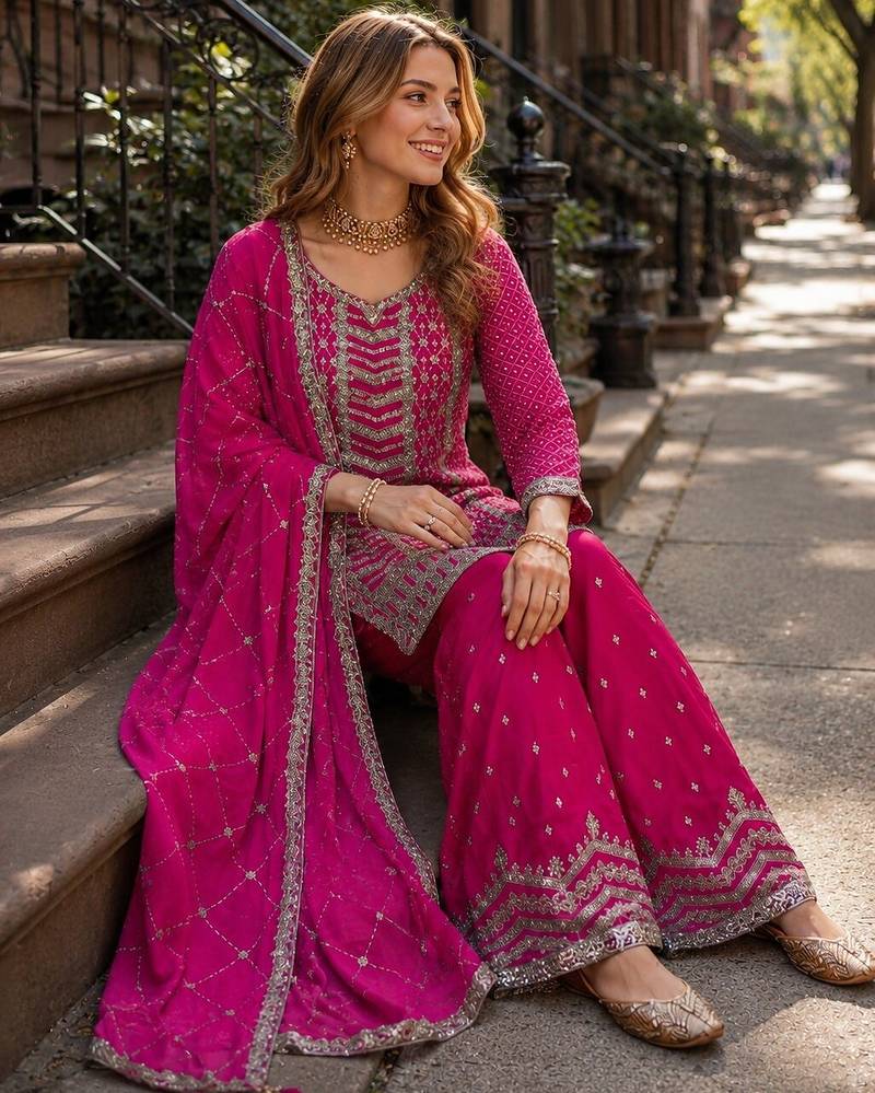 Rani pink embroidered kurta palazzo set with dupatta