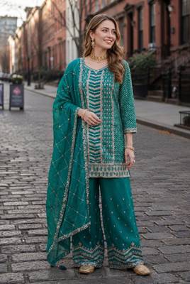 Emerald green heavy embroidered kurta palazzo set with dupatta 1