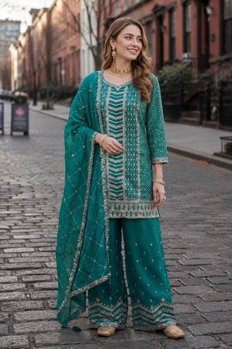 Emerald green heavy embroidered  kurta palazzo set with dupatta