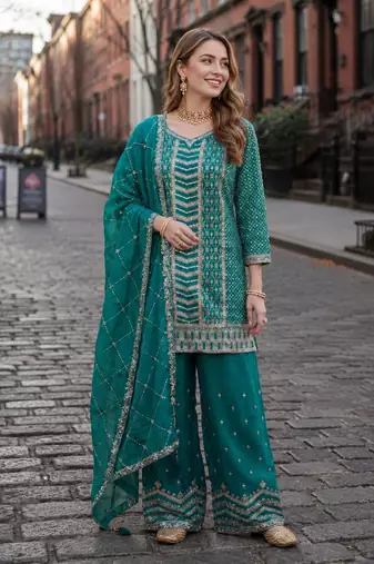 Emerald green heavy embroidered  kurta palazzo set with dupatta