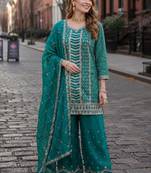 Emerald green heavy embroidered kurta palazzo set with dupatta